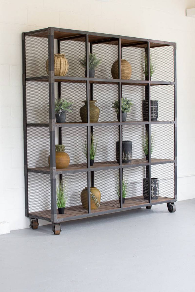 sturdy metal shelving unit with recycled honey wood on wheels