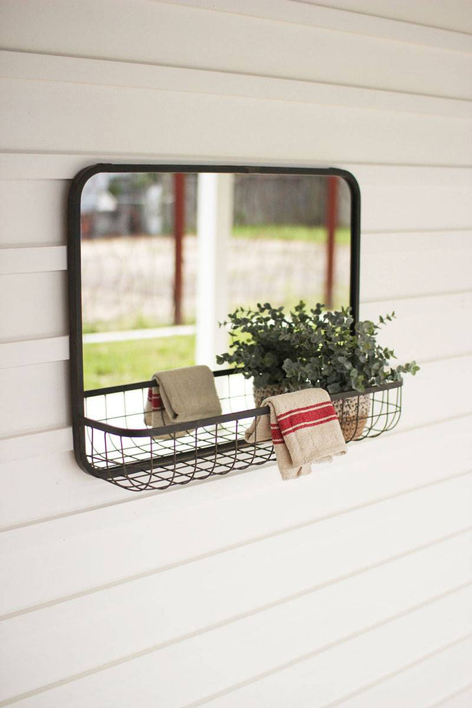 rectangular wall mirror with wire basket