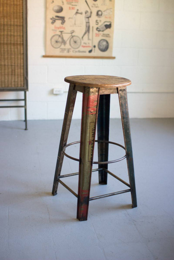 recycled metal bar stool with round wood top