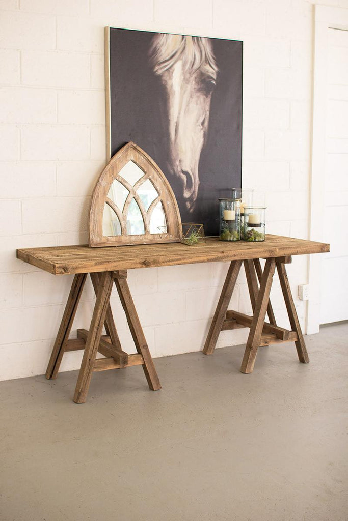 recycled wood console with saw horse base