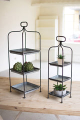 set of two metal display stands with trays