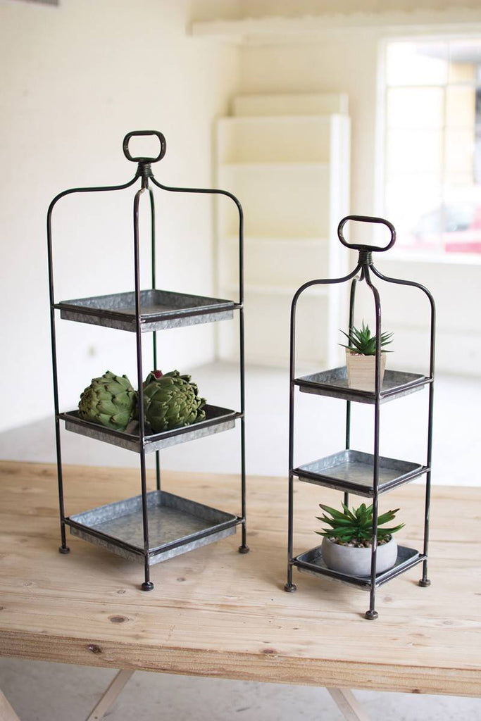 set of two metal display stands with trays