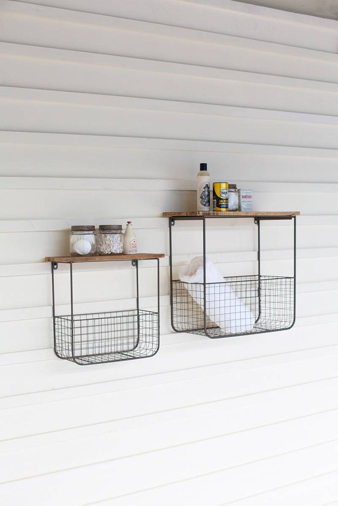 2 shelves with metal wire baskets for storage