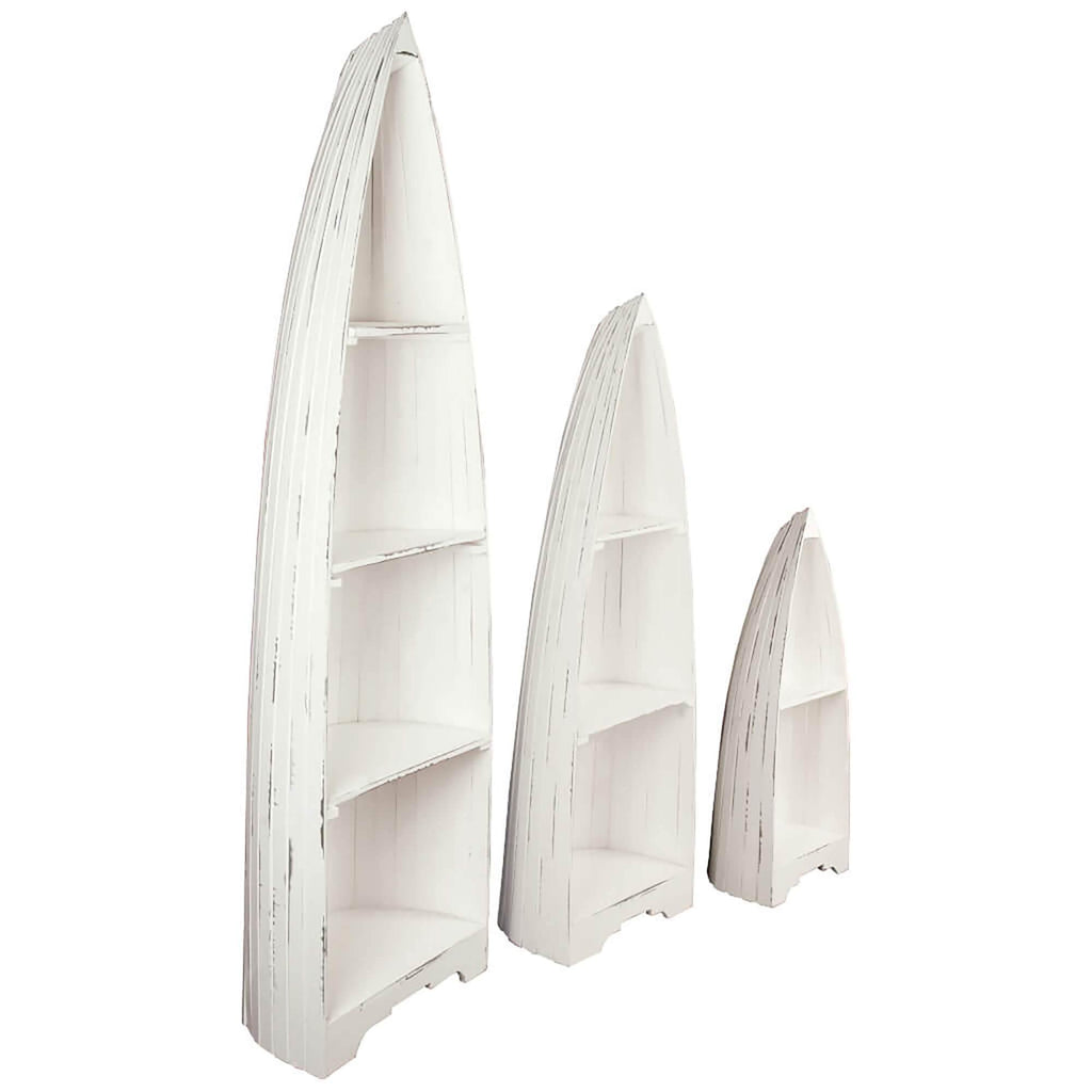 three whitewashed cottage boat shelves tiered sizes - lined up front right angle