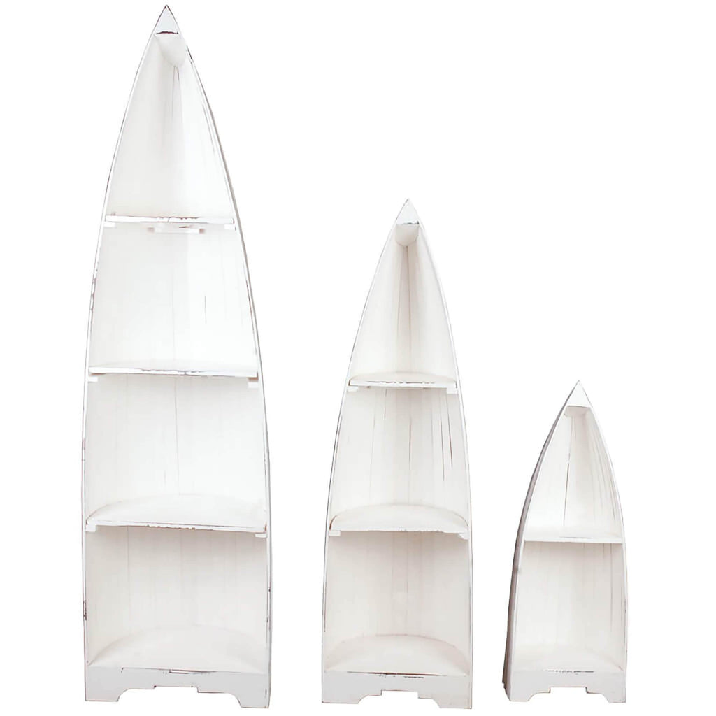 three whitewashed cottage boat shelves tiered sizes - lined up front view