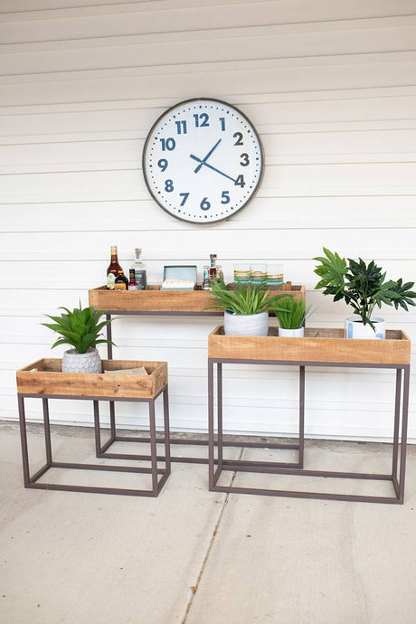 three rustic wood console trays