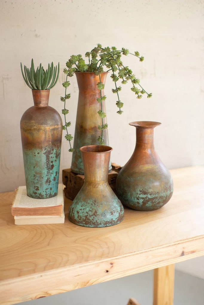 set of four copper vases with turquoise verdigris