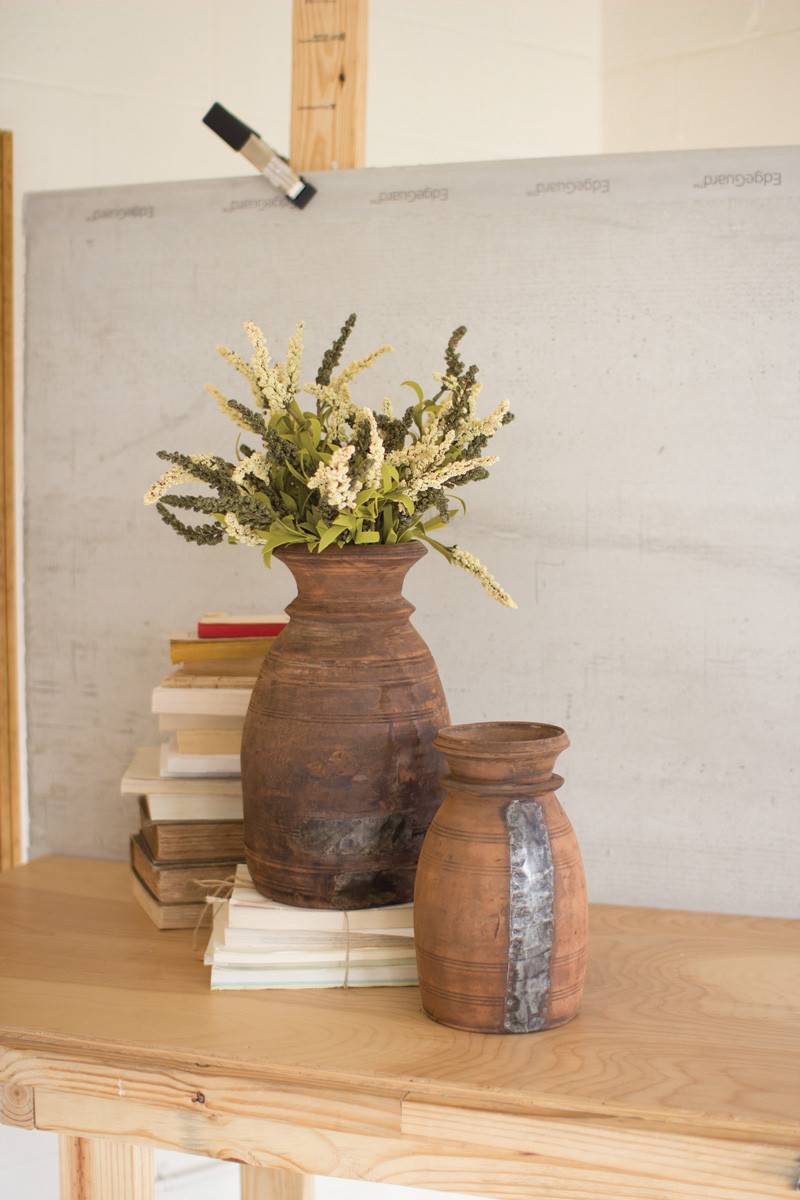 2 rustic brown colored mango wood urns