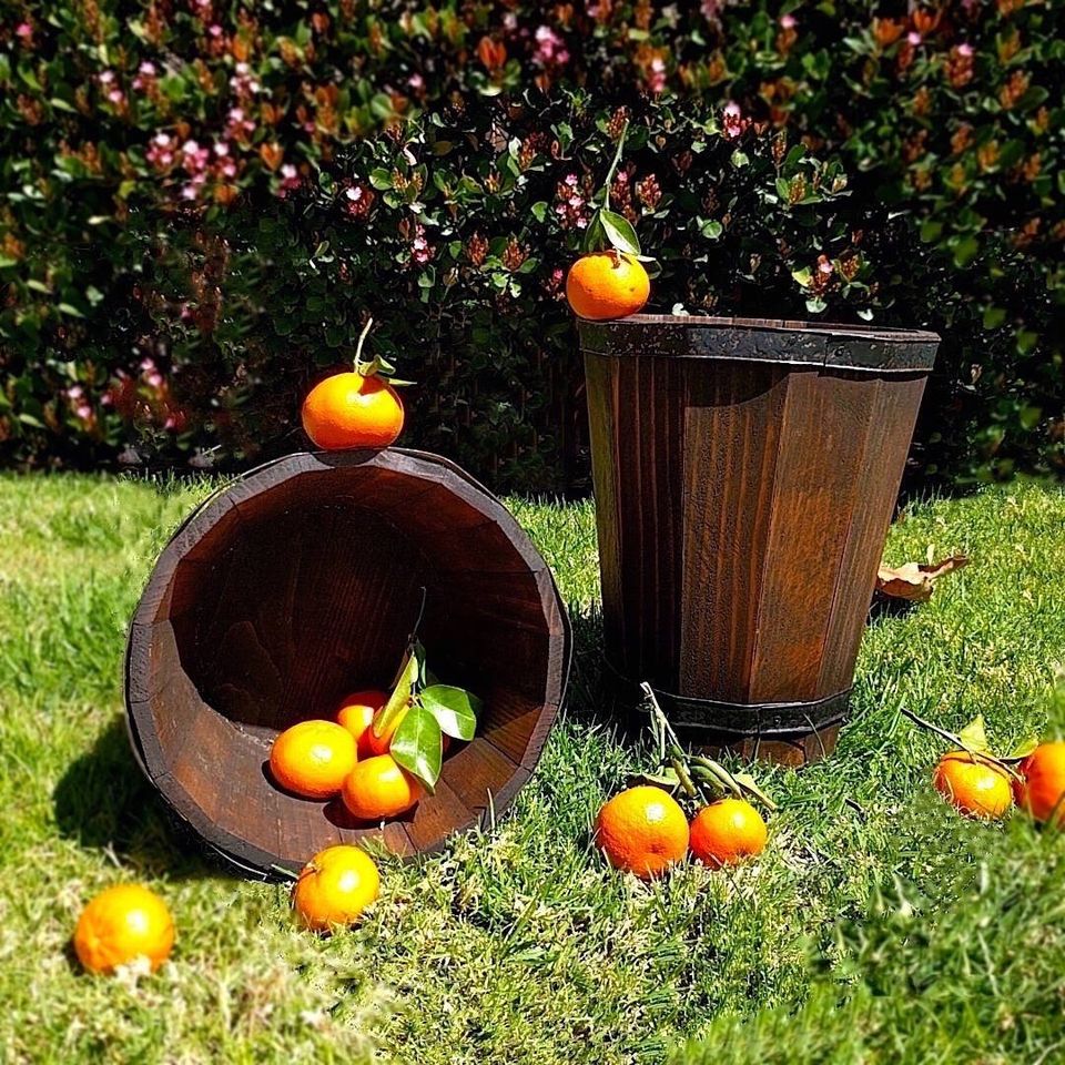 set of two rustic dark wood planter buckets