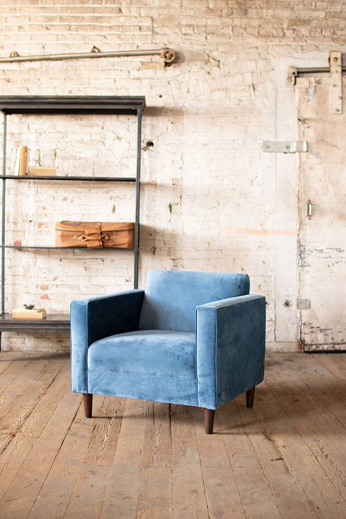 velvet club chair - steel blue color