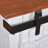 white barn door console cabinet - door guide close-up