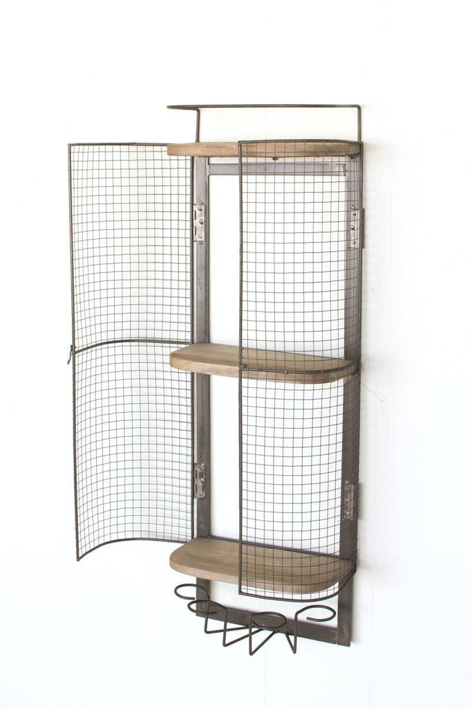 tall wall mounted minibar with mesh wire doors