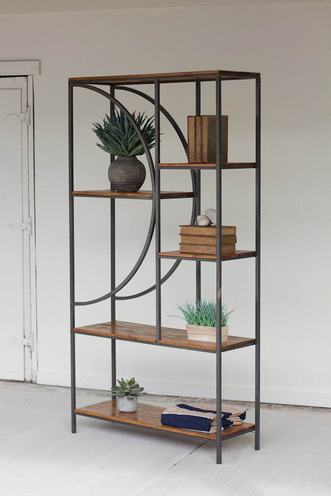 wood and metal shelves with crecent moon frame detail